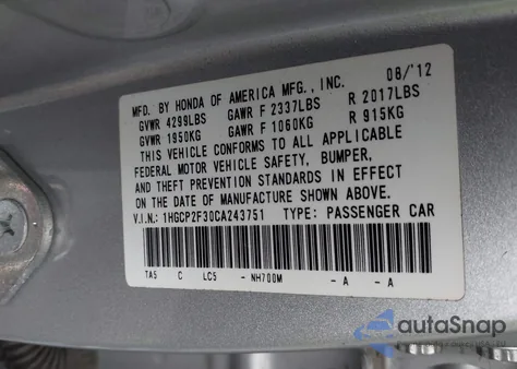 2012 Honda Accord 2.4 Lx from USA, damaged, VIN 1HGCP2F30CA243751